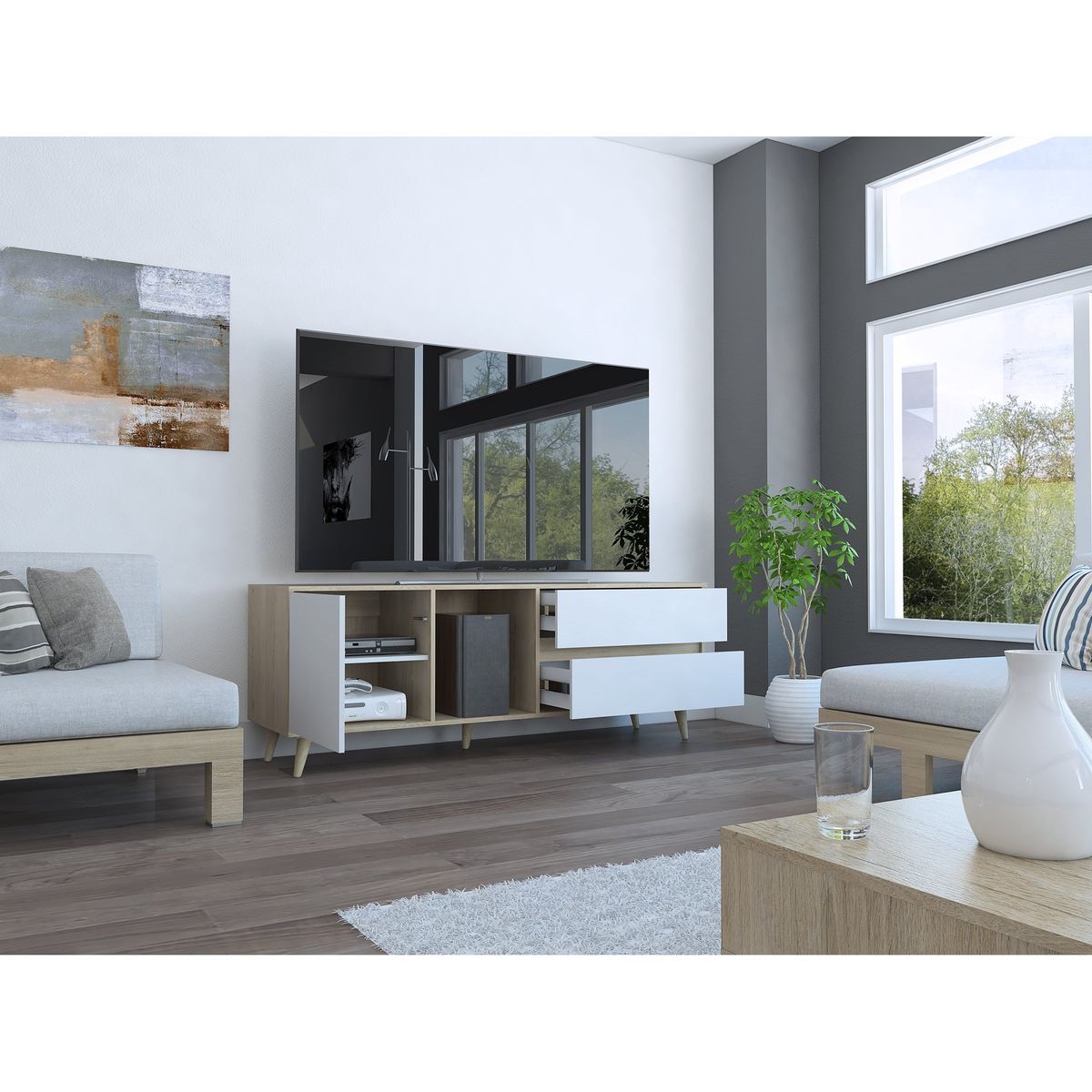 TUHOME - Rack Tv60 1 Puerta 2 Cajones Acacia  584x1584x456 Cm Rovere Y Blanco