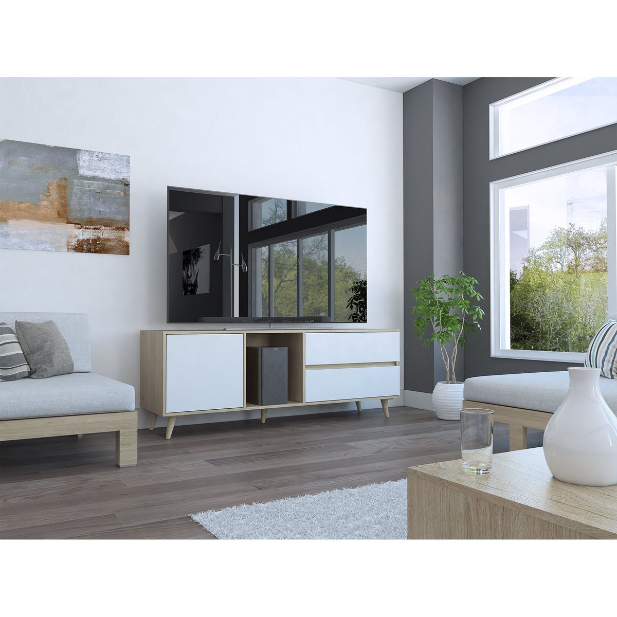 TUHOME - Rack Tv60 1 Puerta 2 Cajones Acacia  584x1584x456 Cm Rovere Y Blanco