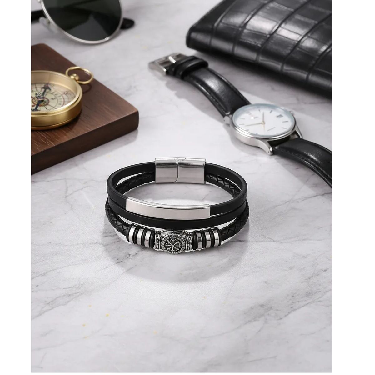 GENERICO - Pulsera De Cuero Vikingo Vegvisir 100% Hombre Caballero