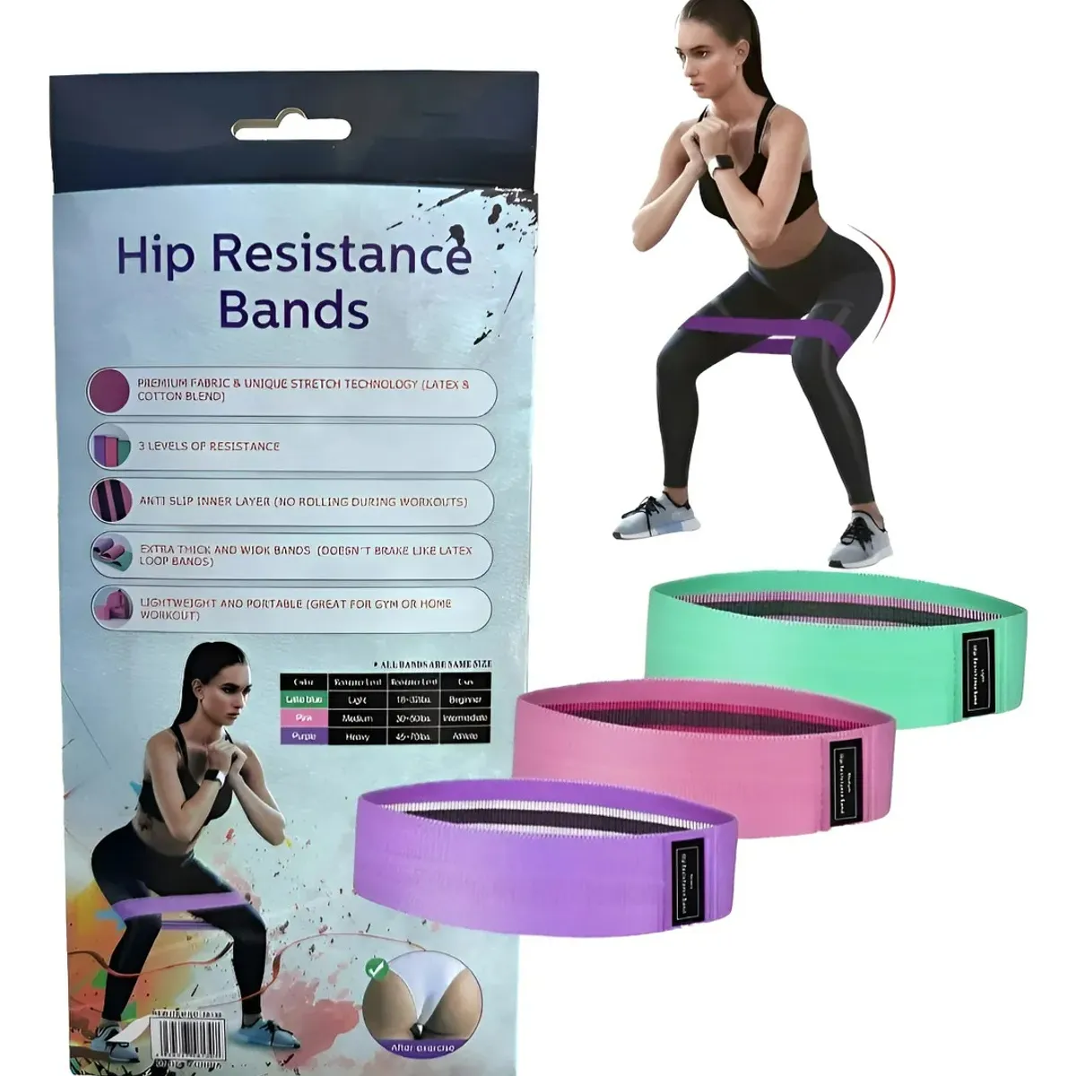 MOVI - Bandas de Elasticas para piernas y glúteos, tela antideslizante, 3 niveles