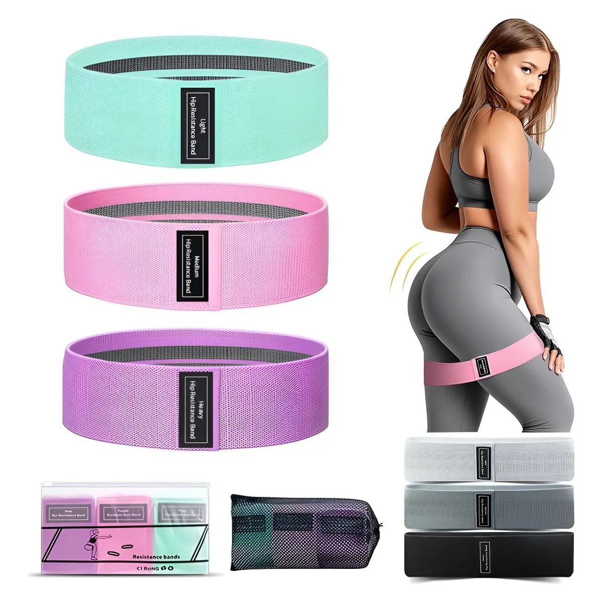 MOVI - Bandas de Elasticas para piernas y glúteos, tela antideslizante, 3 niveles