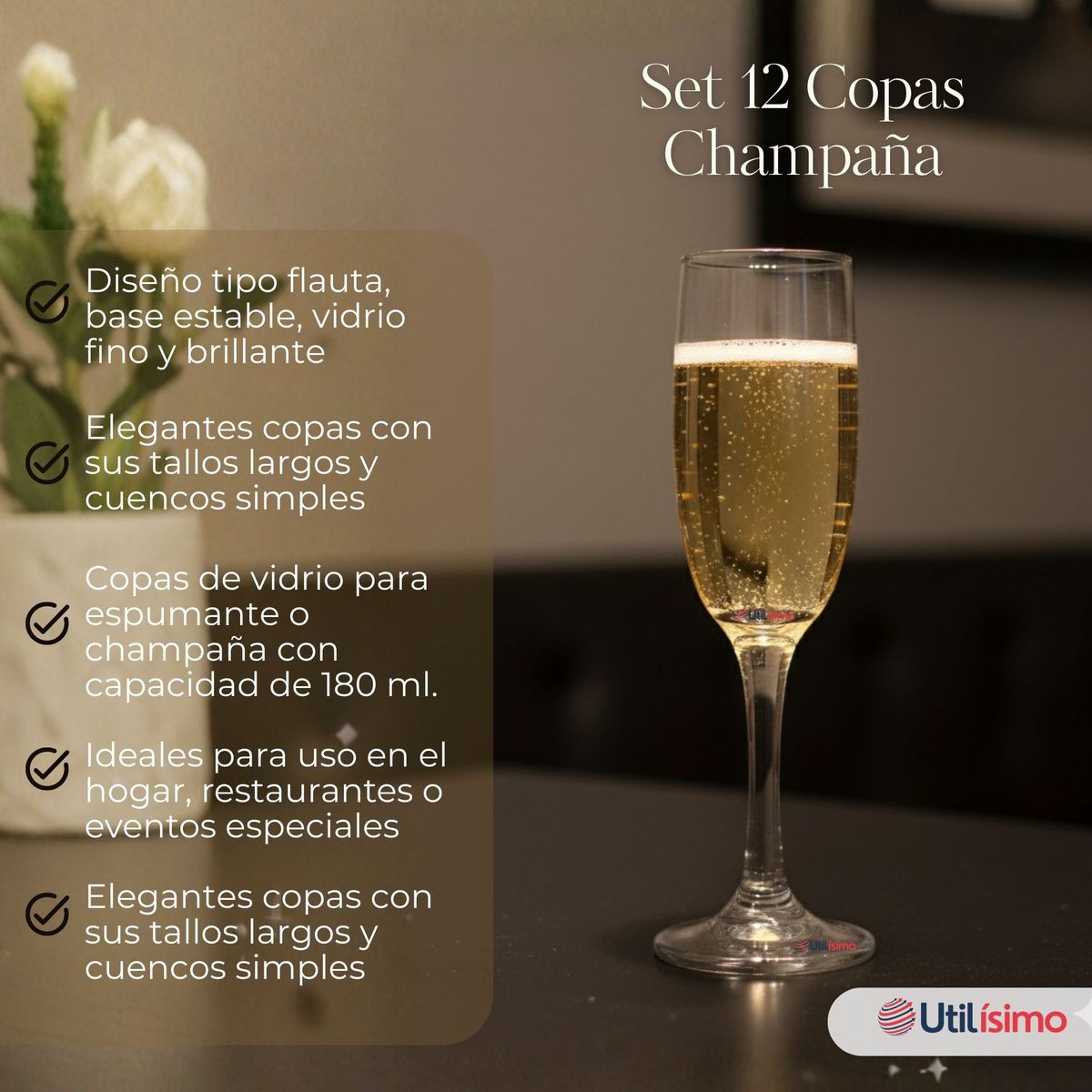 UTILISIMO - Set de 12 Copas de Champaña Espumante 180 ml