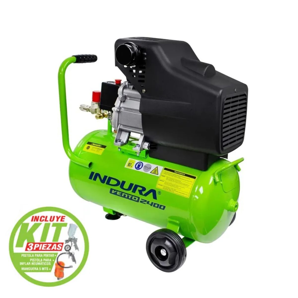 INDURA - Compresor de aire 2hp 24lt vento 2400 + Kit 3 piezas Indura