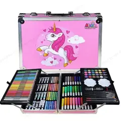 GENERICO - SET DE ARTE PROFESIONAL PARA NIÑOS MALETIN ALUMINIO 145 PIEZAS DISEÑO ROSA UNICORNIO