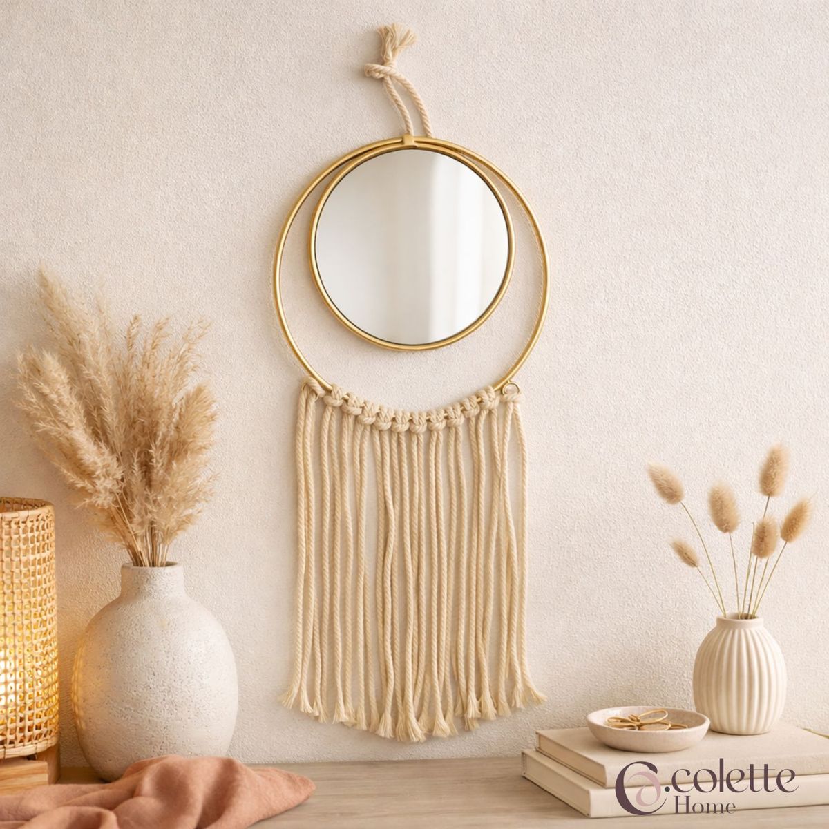 COLETTE - Espejo Decorativo Colgante Metal Macramé Boho Chic