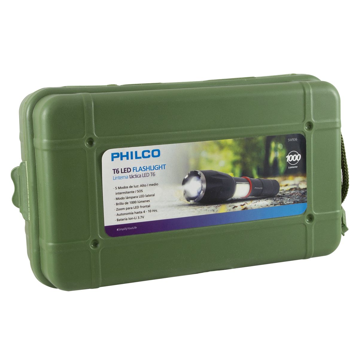 PHILCO - LINTERNA DUAL LED CREE 2 MODOS LUZ RECARGABLE PHILCO SW936 NEGRA Open box