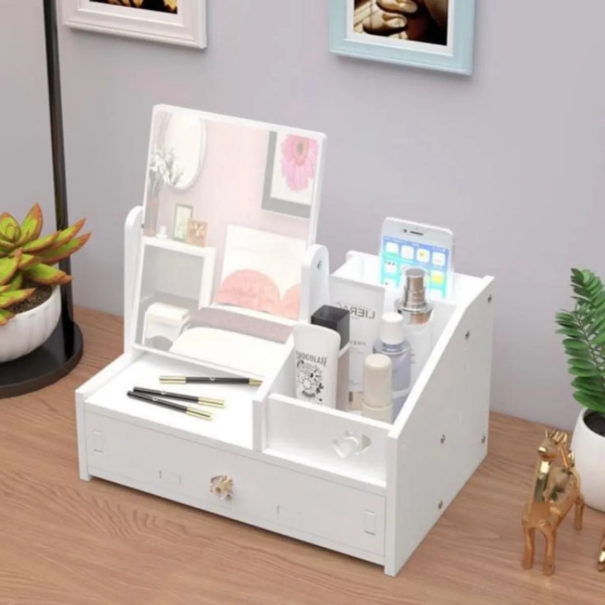 GENERICO - MINI TOCADOR DE ESCRITORIO ELEGANTE ORGANIZADOR DE MAQUILLAJE CON ESPEJO Y CAJONES WYM