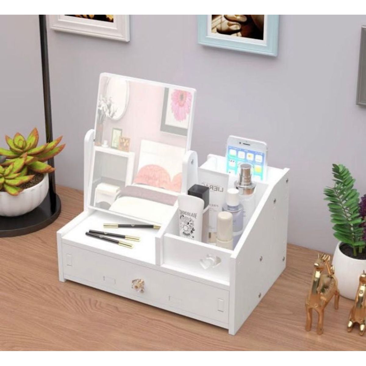 GENERICO - MINI TOCADOR DE ESCRITORIO ELEGANTE ORGANIZADOR DE MAQUILLAJE CON ESPEJO Y CAJONES WYM