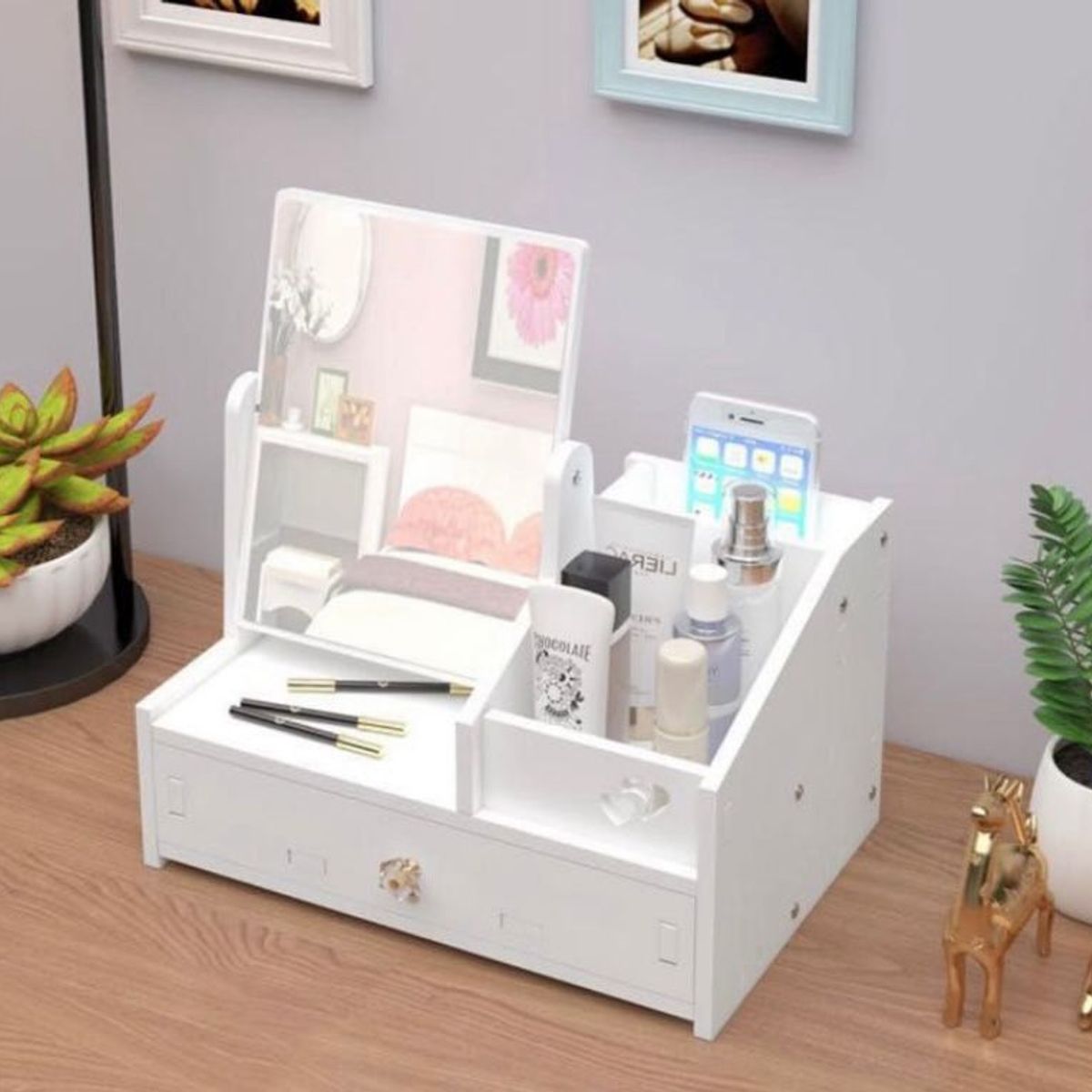 GENERICO - ORGANIZADOR DE MAQUILLAJE CON ESPEJO Y CAJONES MINI TOCADOR DE ESCRITORIO ELEGANTE WYM