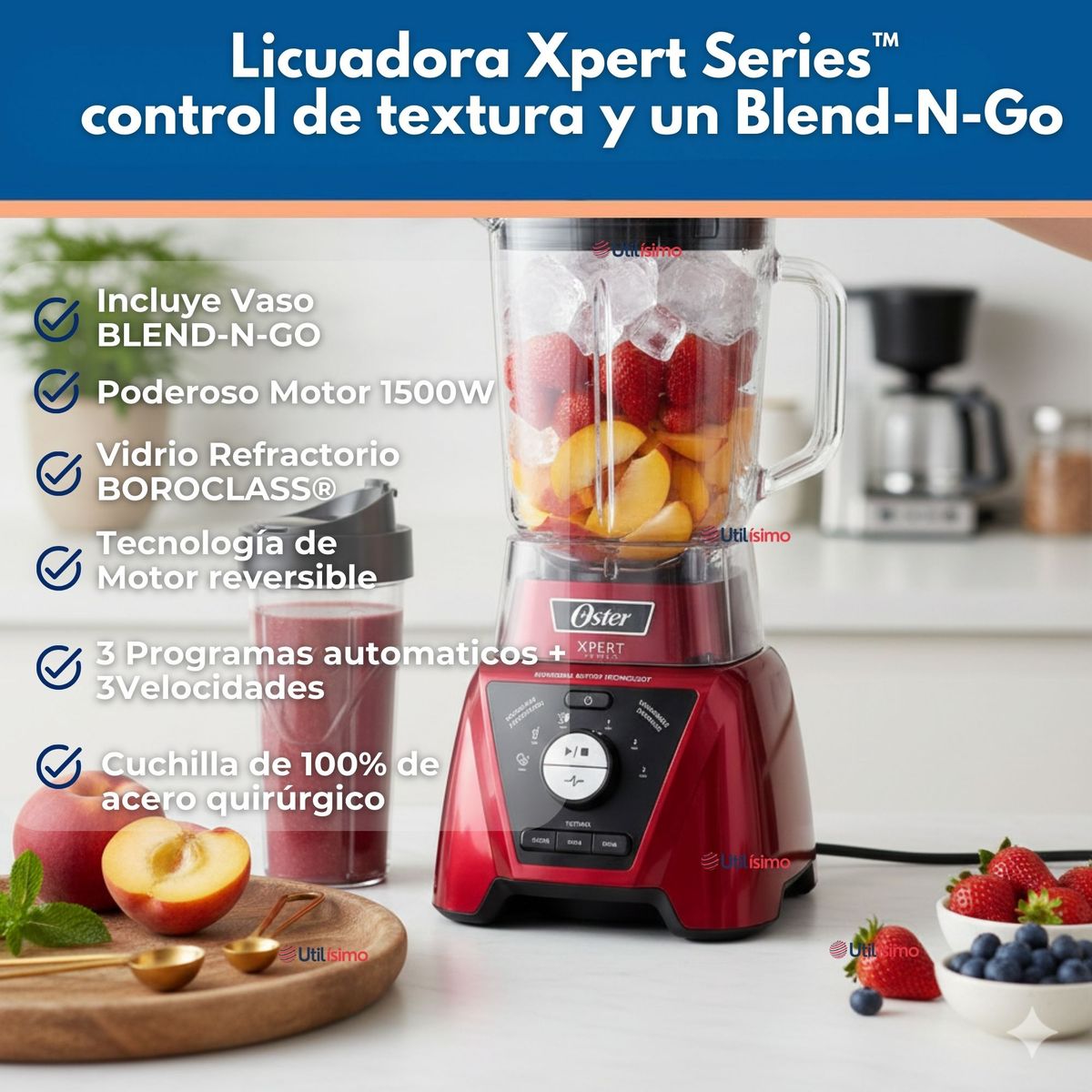 OSTER - Licuadora Xpert Series™ roja con control de textura y un Blend N Go BLST3BRPG