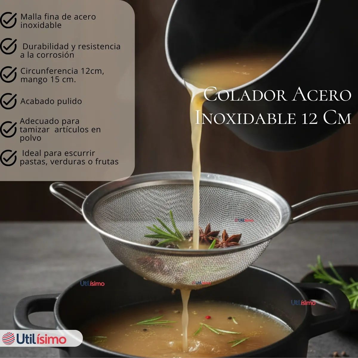 UTILISIMO - Colador Multiuso 12cm Acero Inoxidable Repostería Cocina