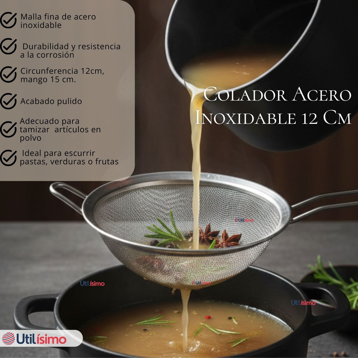 UTILISIMO - Colador Multiuso 12cm Acero Inoxidable Repostería Cocina
