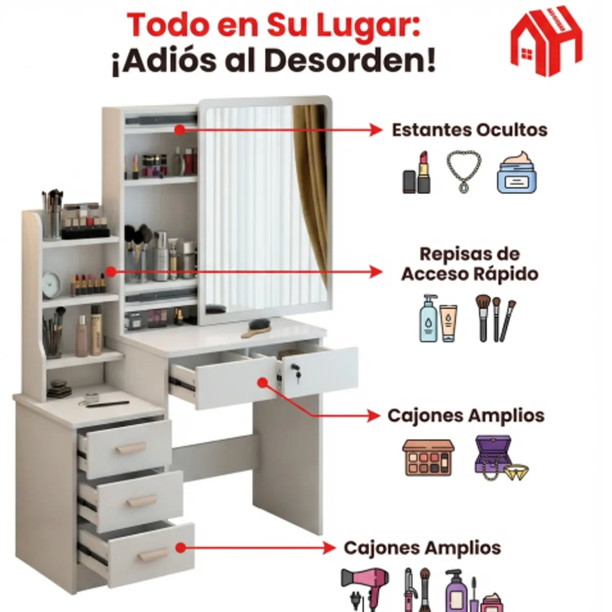 ANYHOGAR - Tocador Multifuncional Con Espejo Incorporado Y Taburete