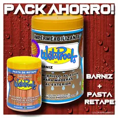 WETPROOF - BARNIZ MADERA EXTERIOR WET PROOF® ROJO 1-4 GL + PASTA DE RETAPE WET PROOF® ROJO 1-2 KG PACK AHORRO