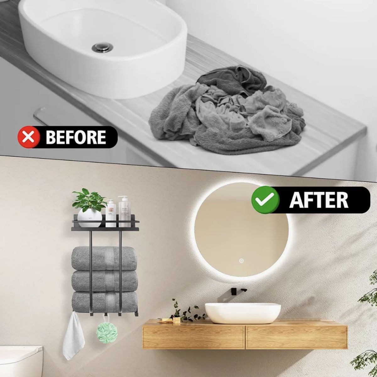 OKAY - Toallero Con Estante Negro Para Baño Montado En La Pared