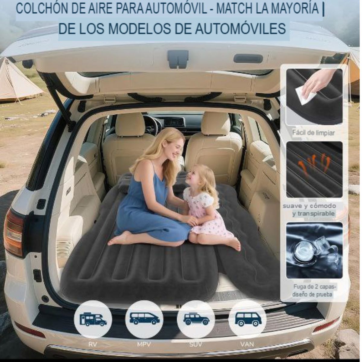 GENERICO - Colchón Inflable Para Auto y Camping con Bomba Eléctrica Gris