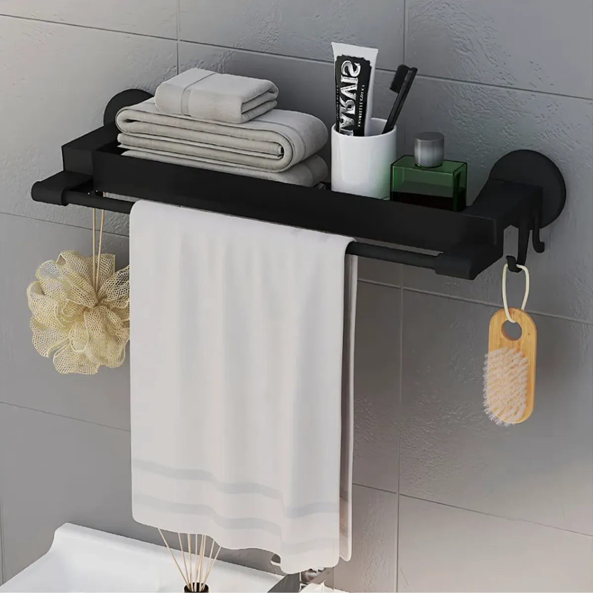 OKAY - Toallero Negro De Baño De Pared Organizador Baño Con Estante