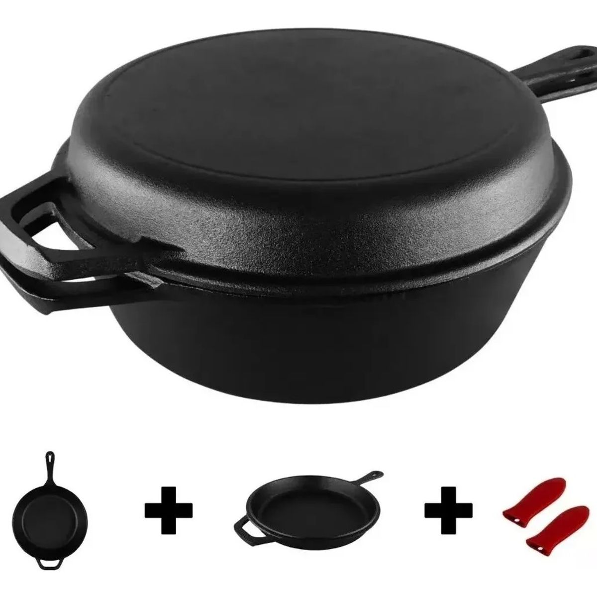 GENERICO - 2 Sartenes Hierro Fundido Ø26cm + 2 Grip Negro