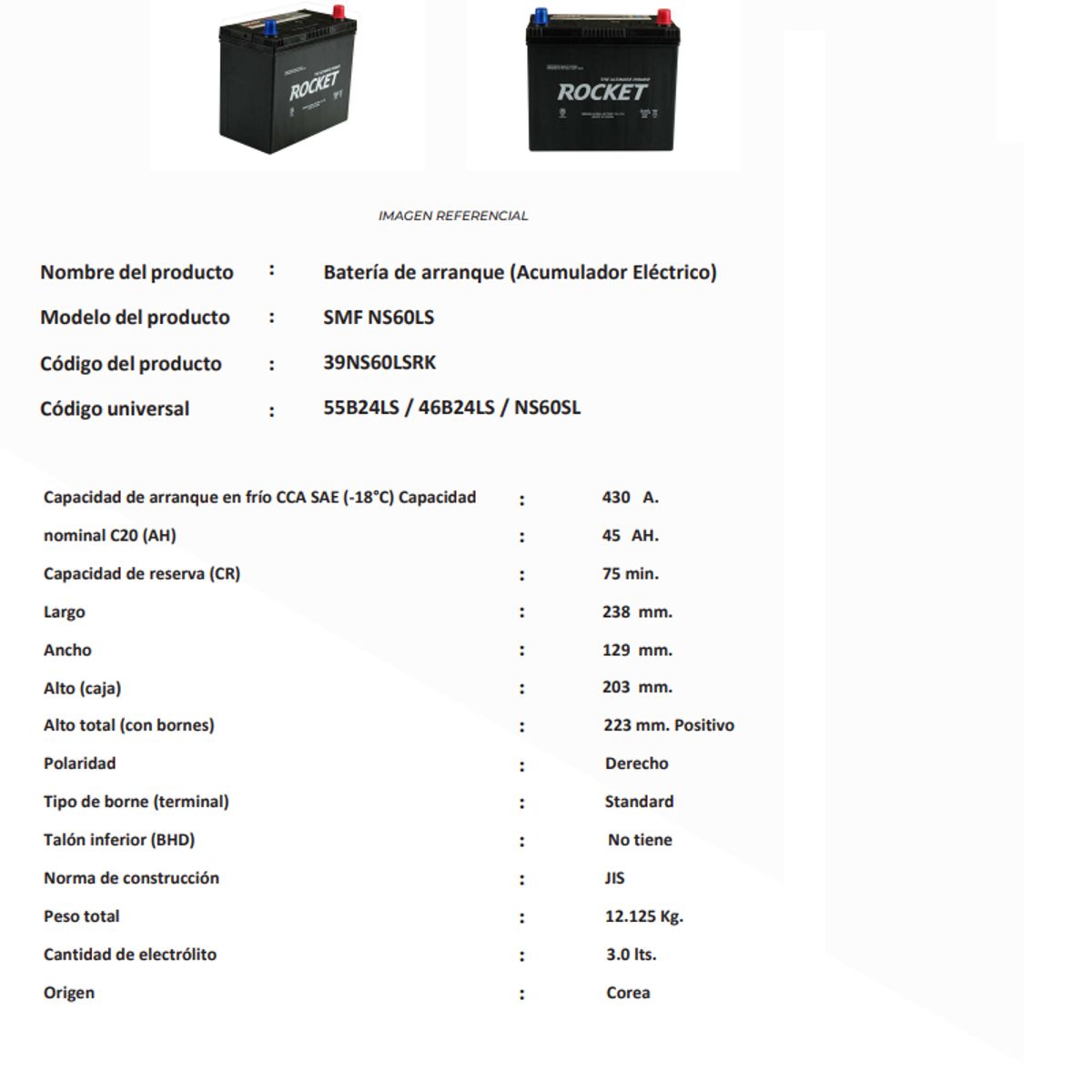 ROCKET - Batería Rocket Smf 45ah 430cca + DERECHO 55b24ls ns60ls 46b24ls