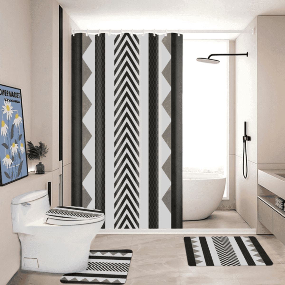 GENERICO - Juego de Baño 4 Piezas Cortina Impermeable Set Alfombras
