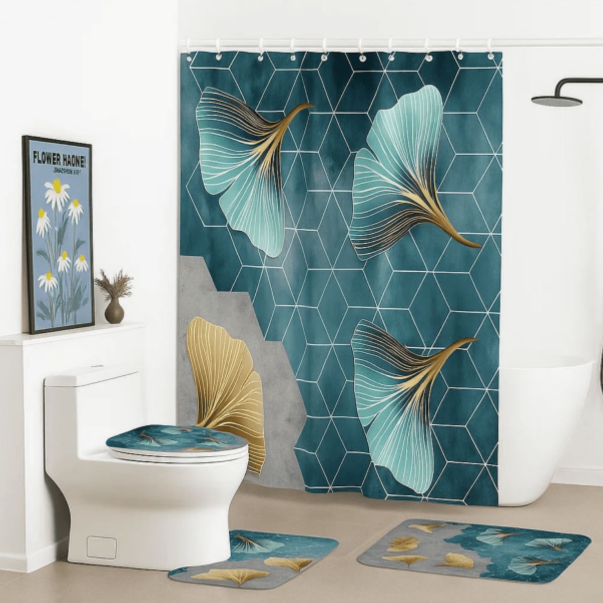 GENERICO - Juego de Baño 4 Piezas Cortina Impermeable Set Alfombras