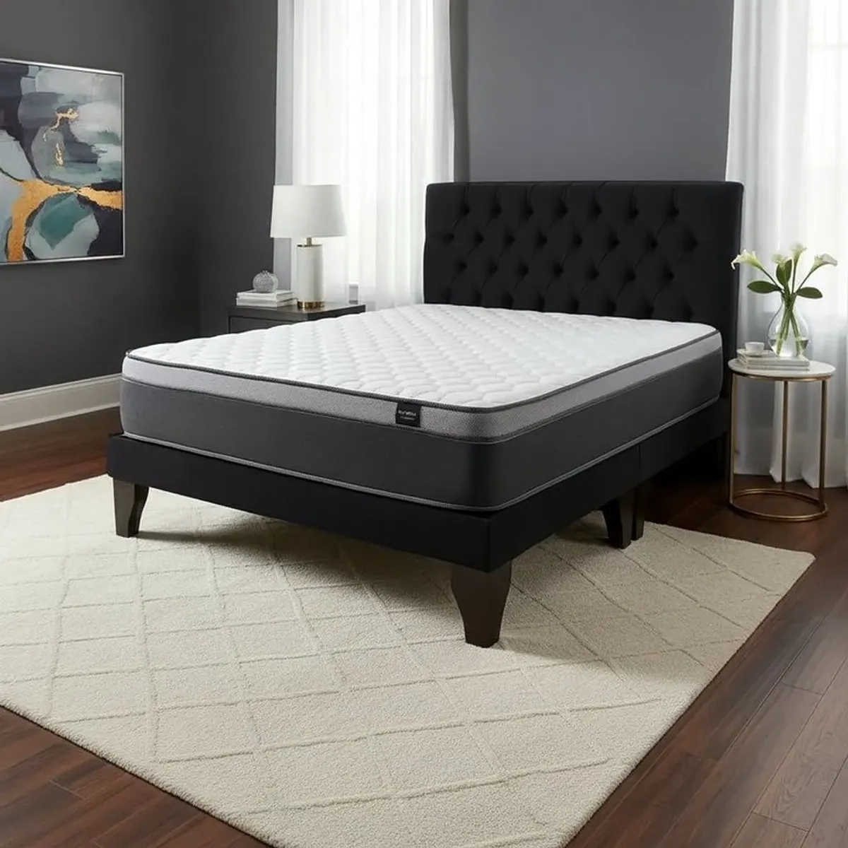 FLOBAL - Cama Europea  King + Respaldo Capitones Negro +Colchón 180x200x28