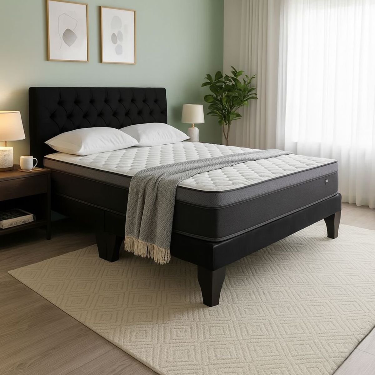 FLOBAL - Cama Europea  King + Respaldo Capitones Negro +Colchón 180x200x28