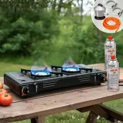 LINE - Cocina Portátil Cocinilla Camping 2 platos + Kit de Instalación + 2 Latas de Gas