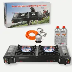 LINE - Cocina Portátil Cocinilla Camping 2 platos + Kit de Instalación + 2 Latas de Gas