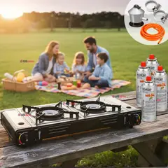 LINE - Cocina Portátil Cocinilla Camping 2 platos + Kit de Instalación + 4 Latas de Gas