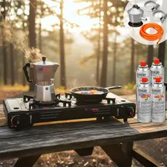 LINE - Cocina Portátil Cocinilla Camping 2 platos + Kit de Instalación + 4 Latas de Gas