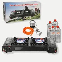 LINE - Cocina Portátil Cocinilla Camping 2 platos + Kit de Instalación + 4 Latas de Gas