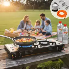 LINE - Cocina Portátil Cocinilla Camping 2 platos + Kit de Instalación +Sartén + 2 Latas