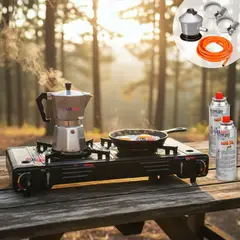 LINE - Cocina Portátil Cocinilla Camping 2 platos + Kit de Instalación +Sartén + 2 Latas