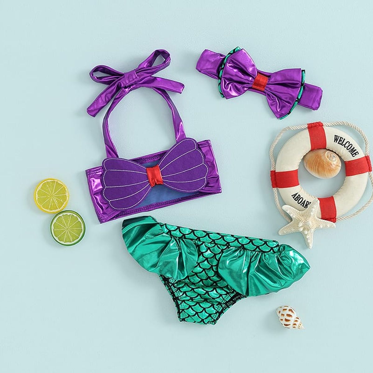 GENERICO - Pack 3 piezas traje de baño y cintillo de sirena talla 90