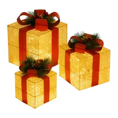 GENERICO - Set 3 Cajas de Regalo Navidad Decorativas Adorno Con Luces - Dorado