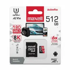 MAXELL - Tarjeta MicroSD 512GB UH-3 8K A2 180MBS