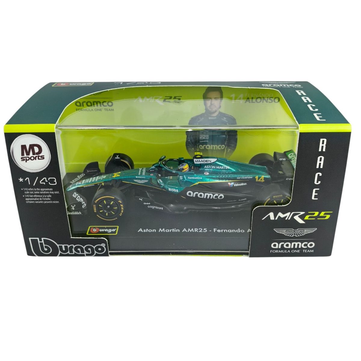 BBURAGO - Auto F1 Aston Martin AMR25 2025 #14 Fernando Alonso Caja Acrilica 1:43