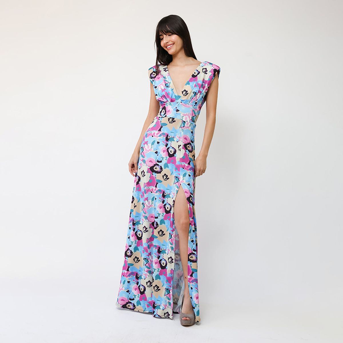 NATALIA SEGUEL - Vestido Camile Celeste Flores Fucsia  Natalia Seguel