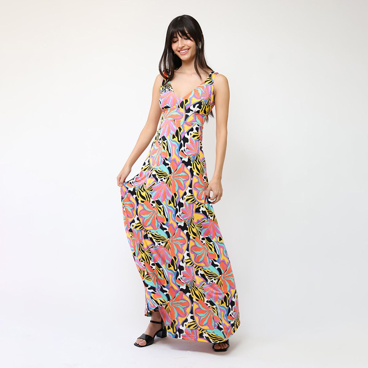 NATALIA SEGUEL - Vestido Vera Flores Naranjas turquesa Amarillo  Natalia Seguel