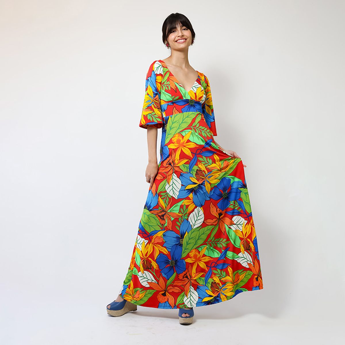 NATALIA SEGUEL - Vestido Magdalena Hojas Rojo Verde Azul  Natalia Seguel