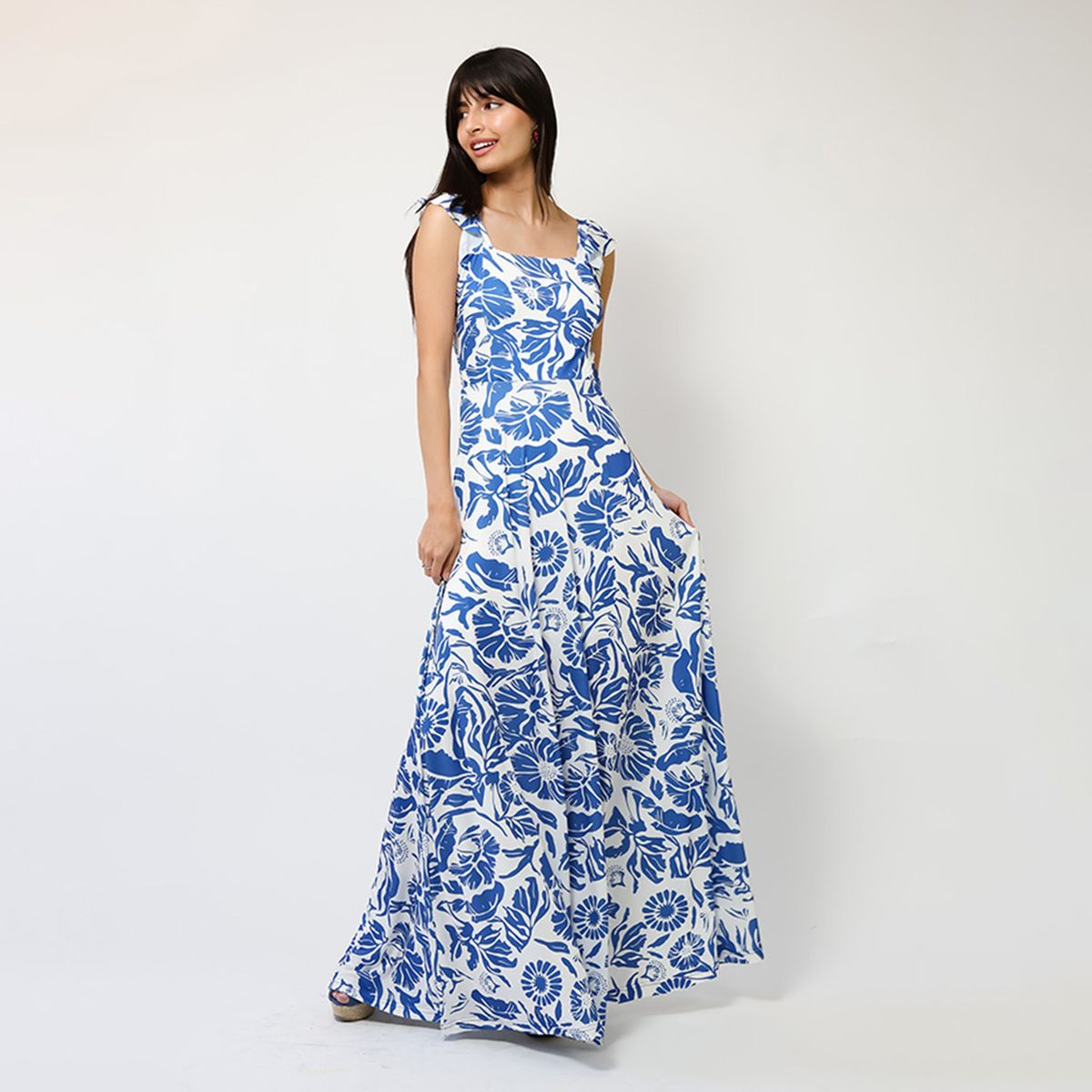 NATALIA SEGUEL - Vestido Mercedes Blanco Hojas Azul  Natalia Seguel