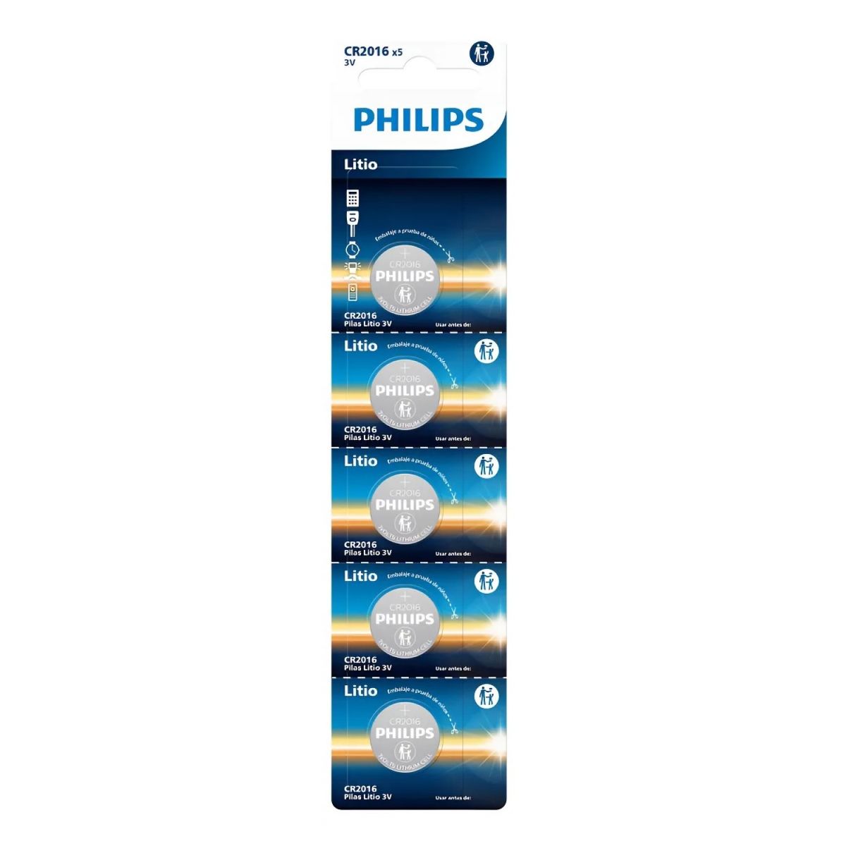 PHILIPS - Pack 5 Pilas Cr2016 Tipo Botón Litio 3v Philips