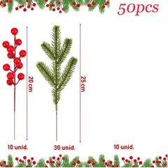 GENERICO - SET 50 adornos plasticos Navideños ramas muérdago y pino