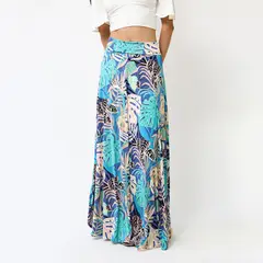 NATALIA SEGUEL - Falda Martina Celeste Beige Hojas - Diseño Chileno