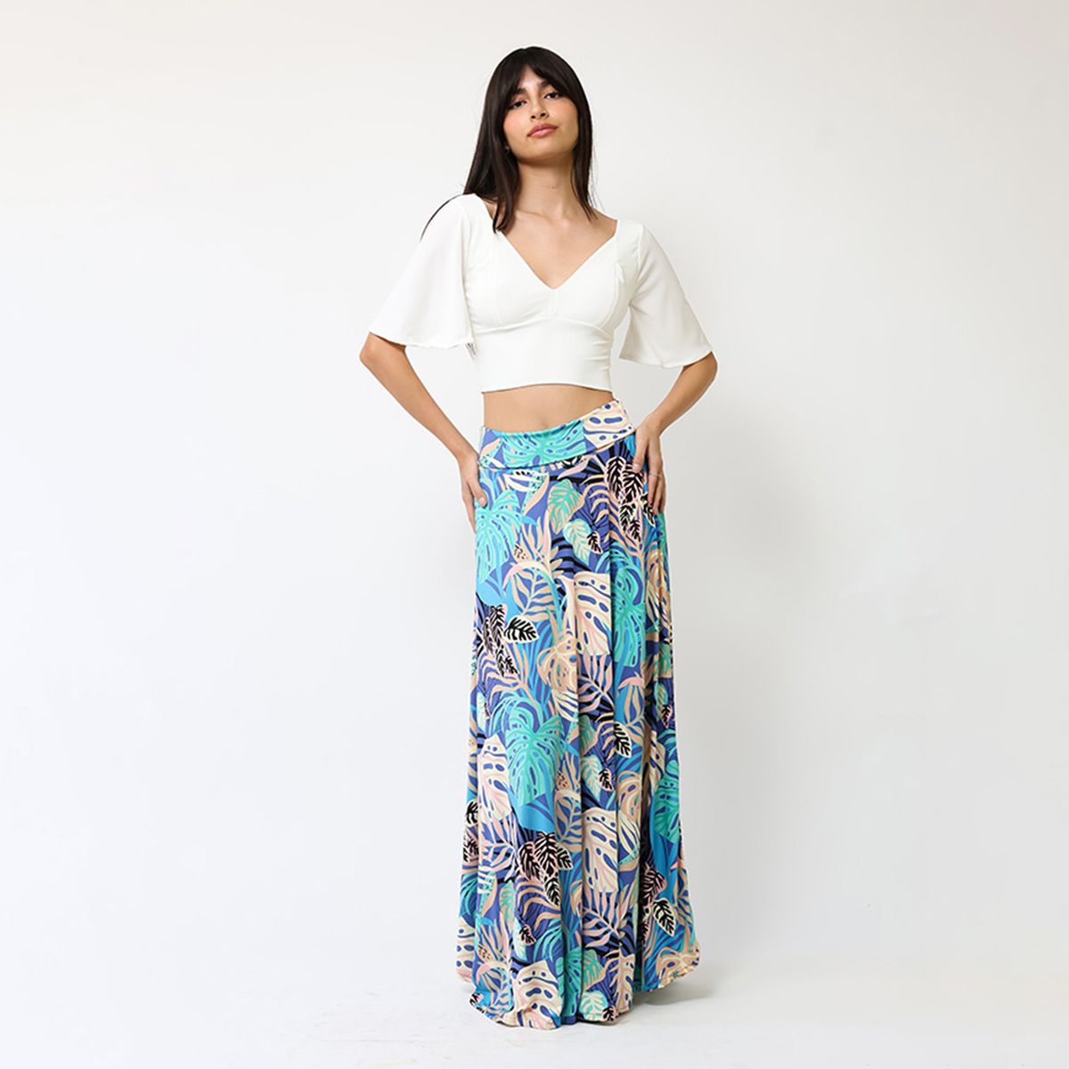 NATALIA SEGUEL - Falda Martina Celeste Beige Hojas - Diseño Chileno  Natalia Seguel