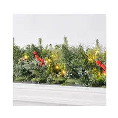 GENERICO - GUIRNALDA ancha 240 cm 30 LED a pilas con muérdagos y 12 esferas rojas