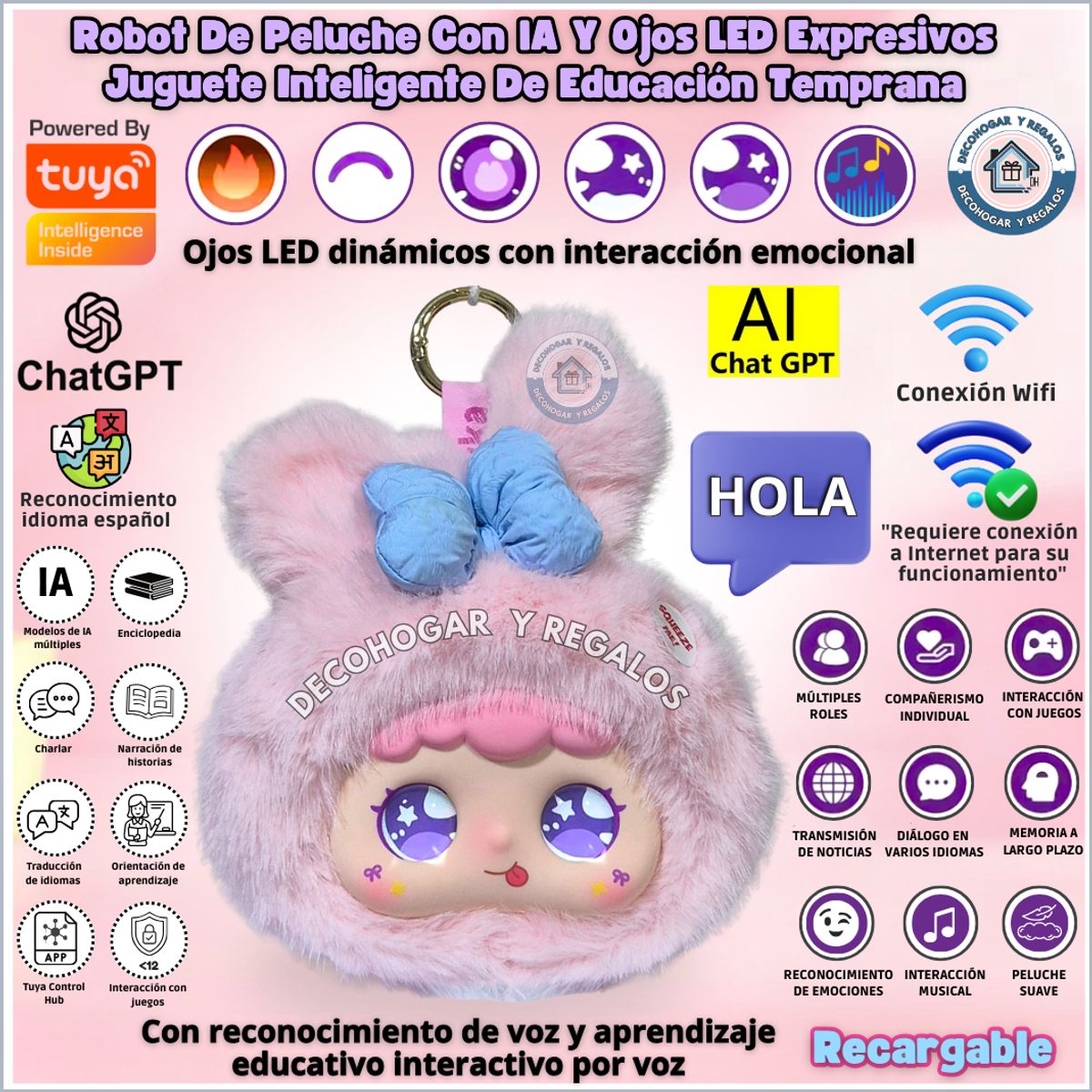 GENERICO - Robot Juguete Con IA Peluche Compañero Emocional Ojos LED Interactivos Con WIFI Niños y Adultos