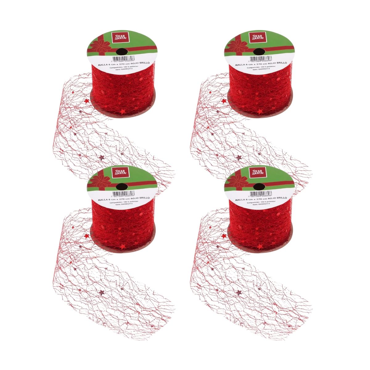 HERRERA MAISON - Pack X4 Cinta Navidad Malla 6 X 270 Cm Rojo Brillo