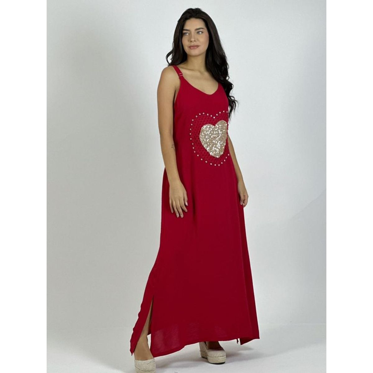 ENIGMATICA BOUTIQUE - Vestido Lino Corazón Doble Tejido y Brillos